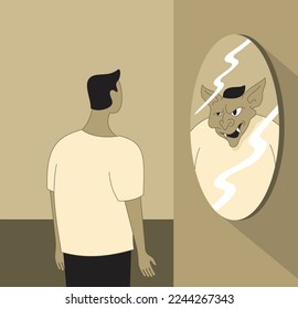 Goblin mode - rejection of societal expectations and the act of living in an unkempt, hedonistic manner. Person look at the mirror and see the lazy monster instead of himself