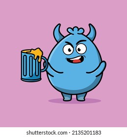 Goblin monster cartoon mascot character with beer glass and cute stylish design