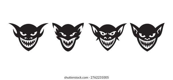 Cabezas de Monstruo Duende Amenazador con Dientes Afilados en Diseño gráfico de Silueta Negro sobre Fondo Blanco.