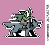 Goblin rides wolf wielding a spear in a simple stylized vector art illustration