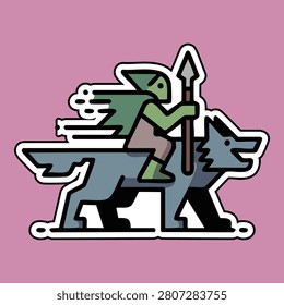 Goblin rides wolf wielding a spear in a simple stylized vector art illustration