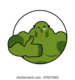 Goblin shows well. Sign all right. Thumbs up. Hand showing ok. Gesture hands Troll. Cheerful ogre with big muscles