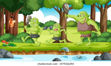 Goblin or troll cartoon character in the forest scene illustration