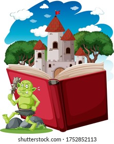 Goblin or troll and castle tower on pop up book cartoon style on white background illustration