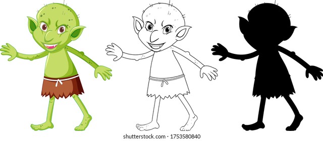 Goblin oder Troll in Farbe, Umriss und Silhouette in Cartoons auf weißem Hintergrund, Illustration