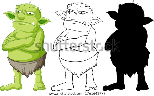 Goblin or troll in color
and outline and silhouette in cartoon character on white background
illustration