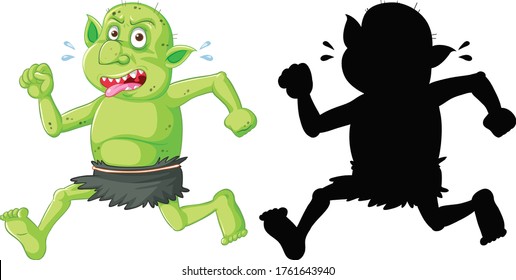 Goblin or troll in color and silhouette in cartoon character on white background illustration