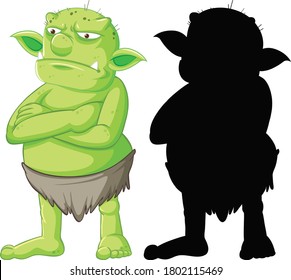 Goblin oder Troll in Farbe und Silhouette auf weißem Hintergrund