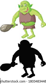 Goblin or troll in color and silhouette in cartoon character on white background illustration