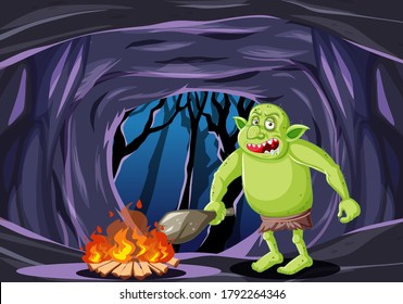 Goblin or troll with fire cartoon style on dark cave background illustration