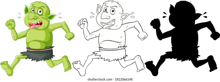Goblin or troll holding in color and outline and silhouette in cartoon character on white background illustration