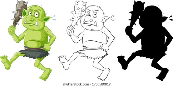 Goblin or troll holding hunting tool in color and outline and silhouette in cartoon character on white background illustration