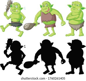 Goblin or troll holding hunting tool in color and silhouette in cartoon character on white background illustration