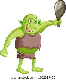 Goblin or troll holding hunting tool isolated in cartoon character on white background illustration