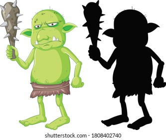 Goblin or troll holding hunting tool in color and silhouette in cartoon character on white background illustration