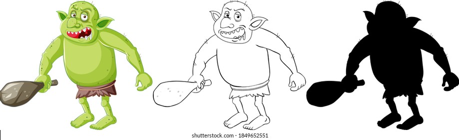 Goblin or troll holding hunting tool in color and outline and silhouette in cartoon character on white background illustration