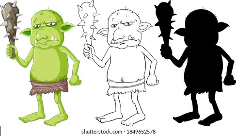 Goblin or troll holding hunting tool in color and outline and silhouette in cartoon character on white background illustration