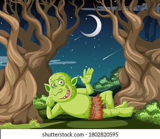 Goblin or troll lying in the forest cartoon style scene illustration