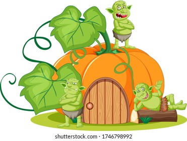 Goblin or troll with pumpkin house in cartoon style isolated illustration