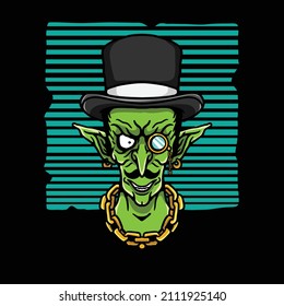 Goblin t-shirt design illustration with top hat and monocle on black background