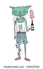 Goblin in t-shirt and shorts with a bottle of beer. Drunk goblin art over white background. Hand draw illustration. 