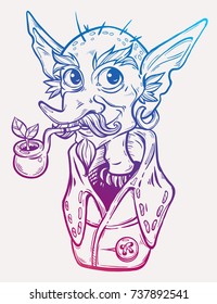 Goblin with a tube. Art for print, posters, t-shirts and textiles. Isolated vector illustration.