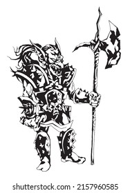 Goblin warrior in armor and armed with a sword and a glaive. Traced graphic drawing.