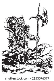 Goblin Warrior Standing In Armor With A Curved Sword In One Hand And A Glaive In The Other Hand. Traced Graphic Image.