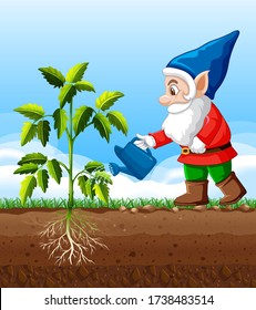 Goblin watering tree position in cartoon character on white background illustration