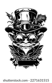 goblin wearing glass and hat logo Steampunk 