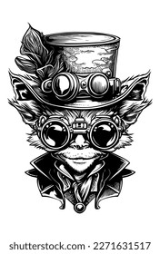 goblin wearing glass and hat logo Steampunk 