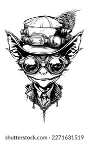 goblin wearing glass and hat logo Steampunk 