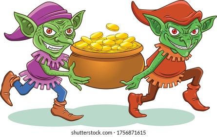 goblins and a pot of gold.Vector illustration simple technique no Gradients, no Effects, no mesh, no Transparencies.