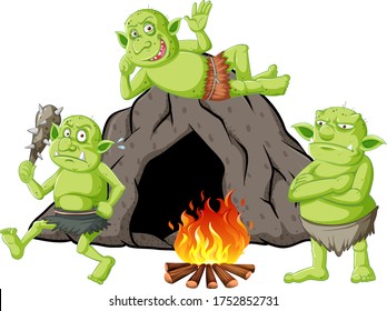 Goblins or trolls with cave house and camp fire in cartoon style isolated illustration