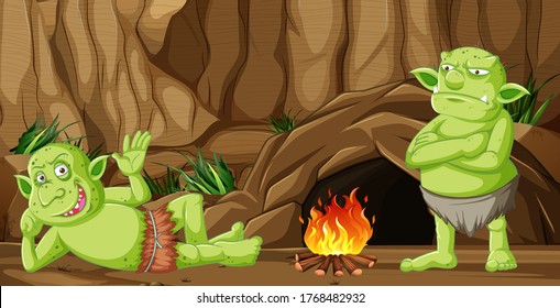 Goblins or trolls with cave house and camp fire in cartoon style illustration