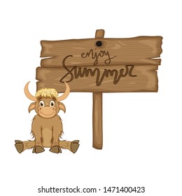 Goby near wooden signboard with the inscription "enjoy summer" in vector. Cartoon illustration