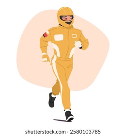 Go-cart driver cartoon character wearing uniform and protective helmet prepared for competition running in motion vector illustration. Professional confident motorsport racer, contest participant