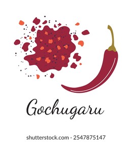 Gochugaru vector illustration in flat cartoon style. Korean chili powder with red pepper flakes and whole pepper, vibrant spice. Perfect for cooking, cuisine. National cuisine, trendy seasoning