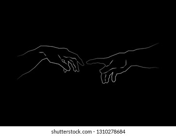 God and Adams hands. Creation of human. Genesis. Touch of god. Spirituality. A section of Michelangelo's fresco Sistine Chapel ceiling. Sketch drawing vector illustration isolated or black background