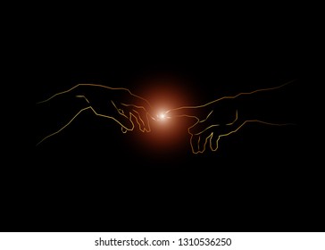 God and Adams hands. Creation of human. Genesis. Touch of god. Spirituality. A section of Michelangelo's fresco Sistine Chapel ceiling. Sketch drawing vector illustration isolated or black background