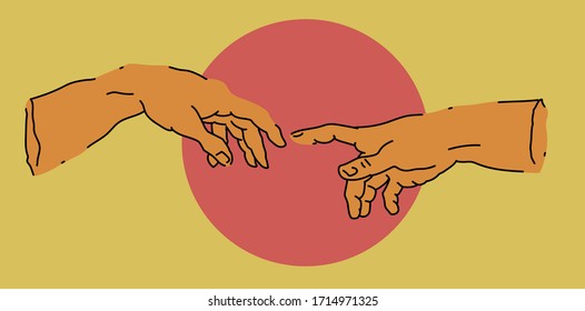 God and Adams hands, Creation of human. Concept of connection. A section of Michelangelo's fresco Sistine Chapel ceiling. Vector illustration in flat style isolated on white background.