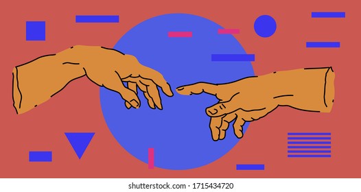 God and Adams hands, Creation of human. Concept of connection. A section of Michelangelo's fresco Sistine Chapel ceiling. Vector illustration in flat style isolated on white background.