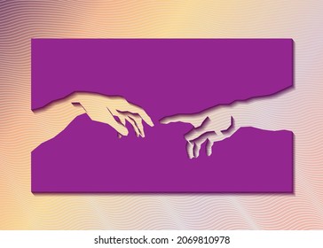 God and Adams hands. Creation of human. Genesis. Touch of god. Spirituality. A section of Michelangelo's fresco Sistine Chapel ceiling. Sketch drawing vector illustration isolated on striped backgroun