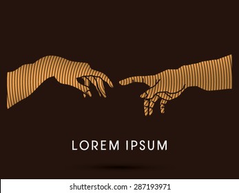 God and Adam's hands , designed using gold cycle strokes, graphic vector.