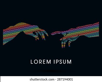 God and Adam's hands , designed using colorful zigzag line, graphic vector.