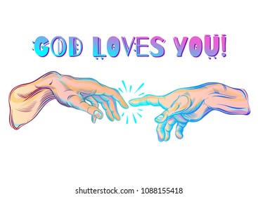 God and Adams hands. Modern vector illustration. The Creation of Adam. Philosophy of the Universe and religious motives. Artwork is great for any design industries: print, tattoos, textiles and etc.