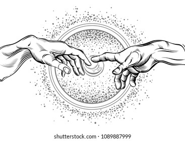 God and Adams hands. Modern vector illustration. The Creation of Adam. Philosophy of the Universe and religious motives. Artwork is great for any design industries: print, tattoos, textiles and etc.