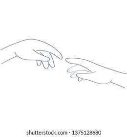 God and Adams hands, touching fingers. Genesis, touch of god. Collaboration Thinking, Creation.Michelangelo's fresco Sistine Chapel ceiling concept. Flat line vector illustration on white background. 