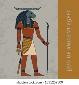 God of Ancient Egypt Khnum. Egyptian ancient symbol, isolated figure of ancient Egypt deities. Vector illustration.