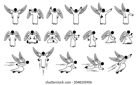 God angel basic poses and actions character designs stick figure pictogram icons. Vector illustrations depict a set of angels with different poses, positions, actions, and movements. 